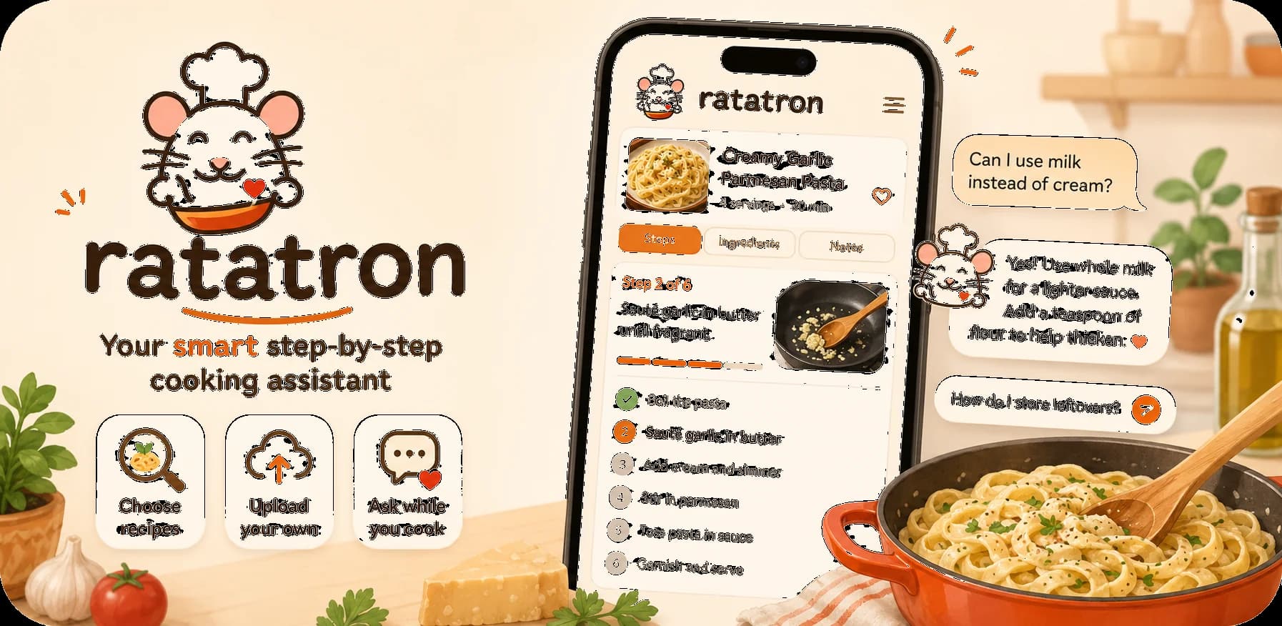 Ratatron mascot, the chef-hat rat with a bowl, beside a phone showing a creamy garlic parmesan pasta recipe with AI chat replies